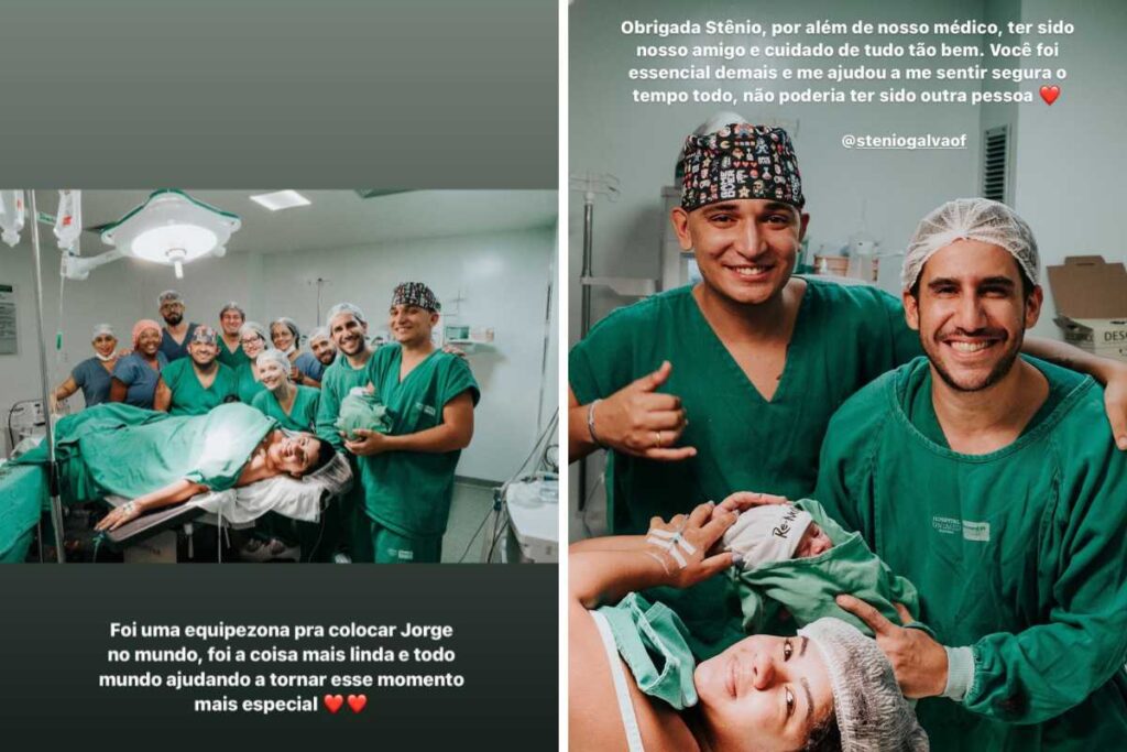 Fotomontagem de stories de Ary Mirelle agradecendo médicos pelo parto de Jorge