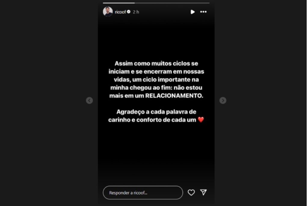 stories de Rico Melquiades anunciando término com Matheus Freire